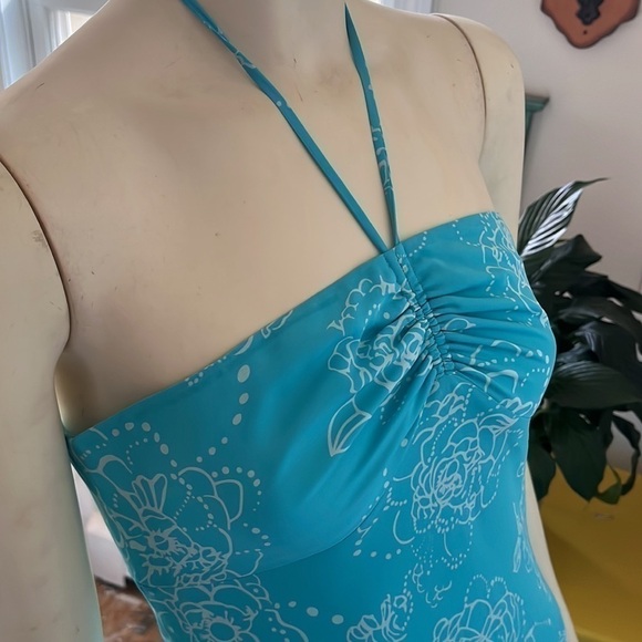 Michael Michael Kors Silk Turquoise Blue Floral Maxi Halter Dress 4 - Picture 7 of 11